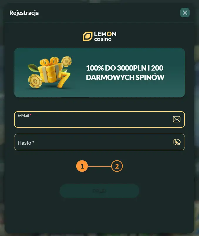Formularz rejestracji w Lemon Casino: email i hasło